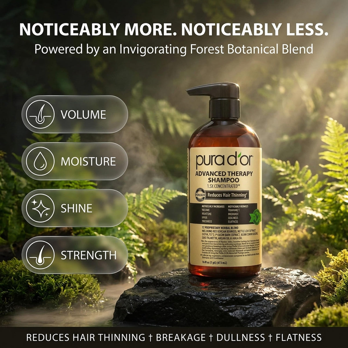 PURA D'OR bottle in bathroom lifestyle, fits into daily shower routine