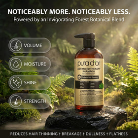 PURA D'OR bottle in bathroom lifestyle, fits into daily shower routine