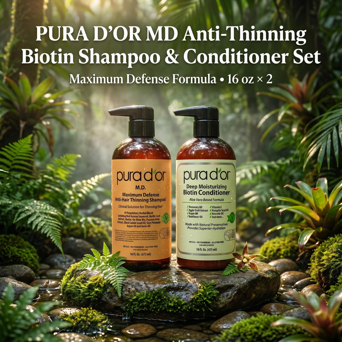 PURA D'OR label close-up highlighting biotin and herbal ingredient callouts