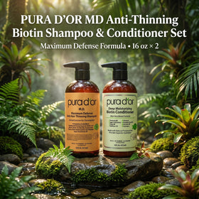 PURA D'OR label close-up highlighting biotin and herbal ingredient callouts