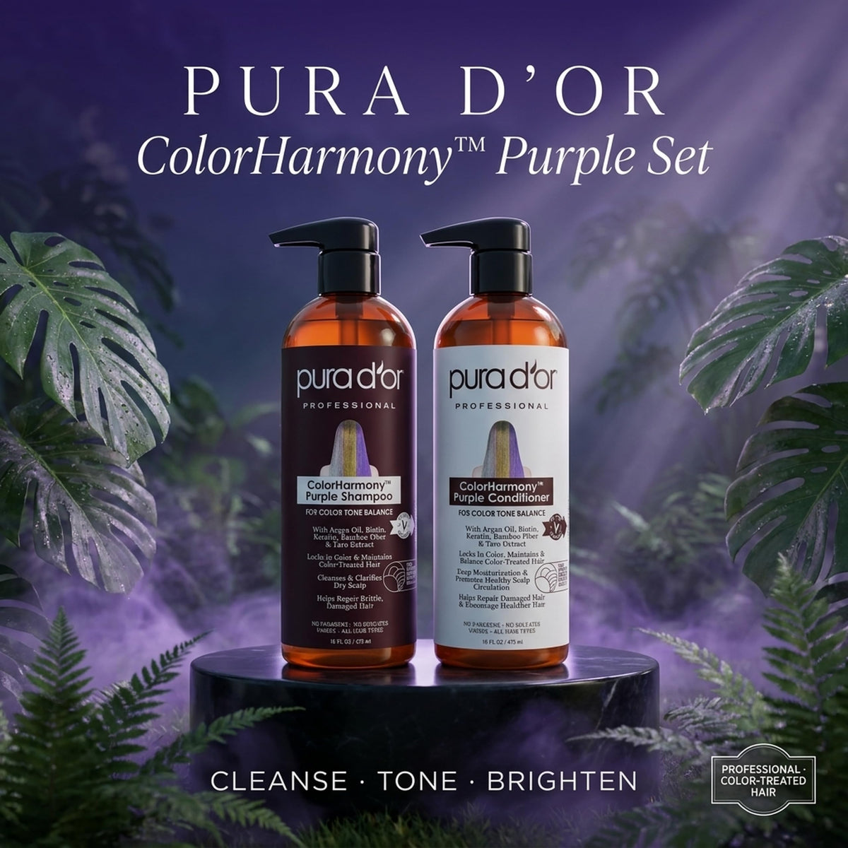 PURA D'OR label detail highlighting key ingredients and benefits for treated hair