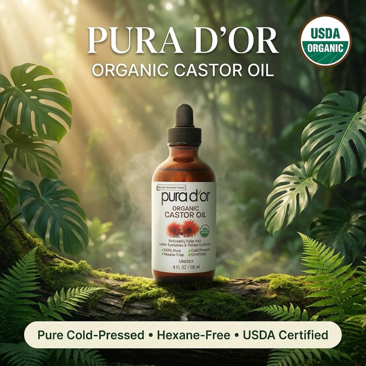 PURA D'OR bottle next to two bonus brush applicators for precise application