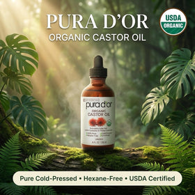PURA D'OR bottle next to two bonus brush applicators for precise application