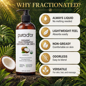PURA D'OR bottle beside essential oil drops showing ideal carrier blending