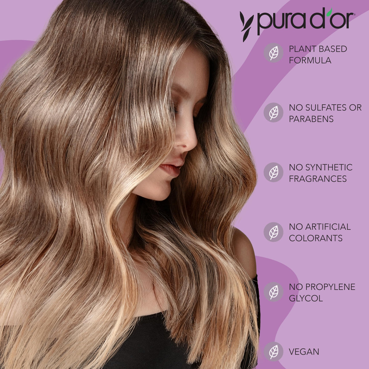 PURA D'OR purple shampoo pump close-up highlighting easy dispensing benefit