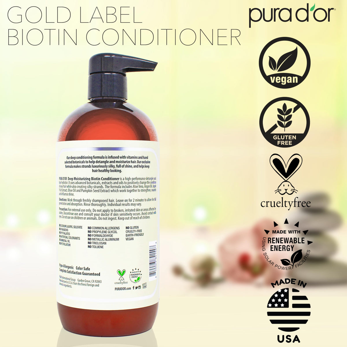 PURA D'OR conditioner on bathroom vanity showing real-use convenience