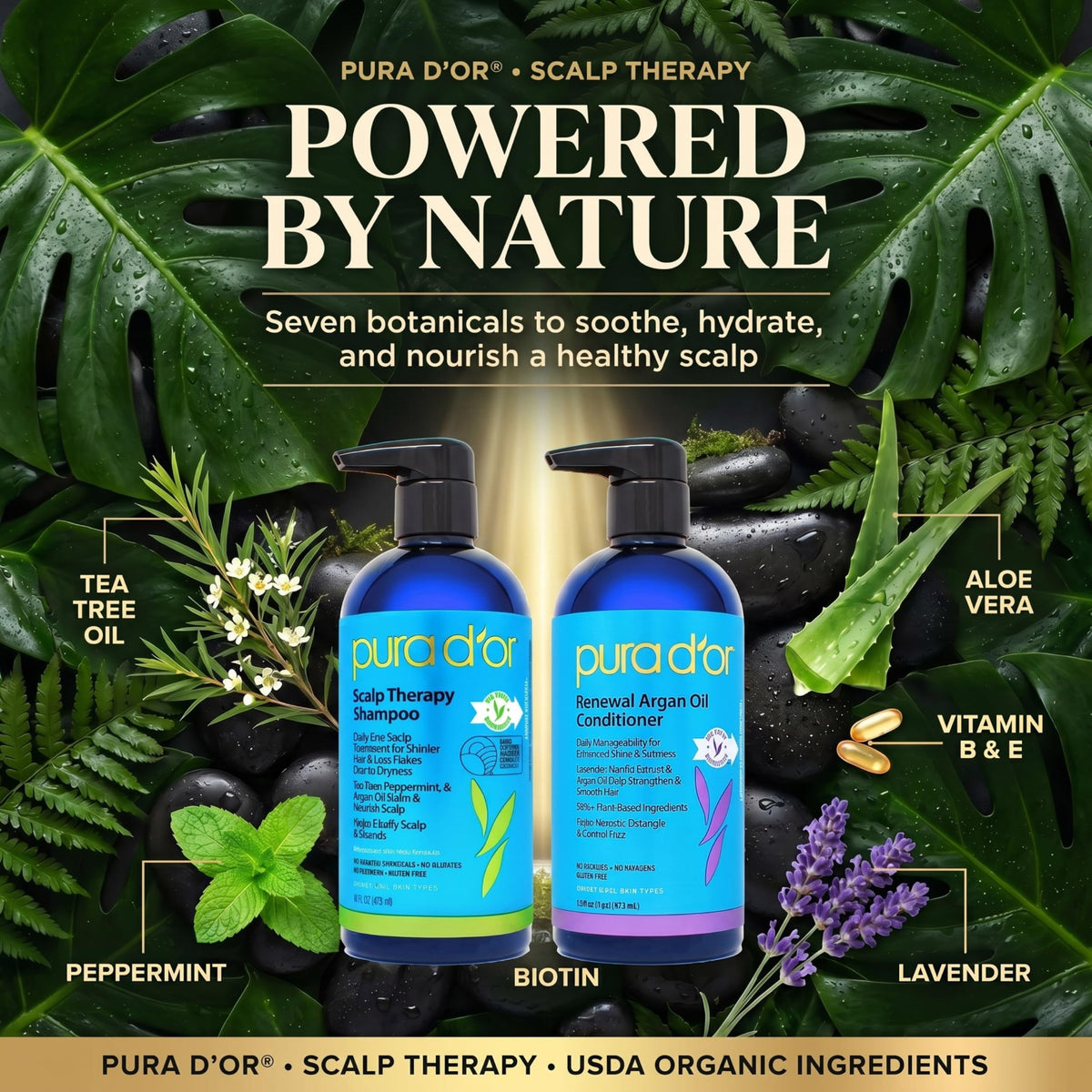 PURA D'OR conditioner pouring texture showing creamy hydration for hair