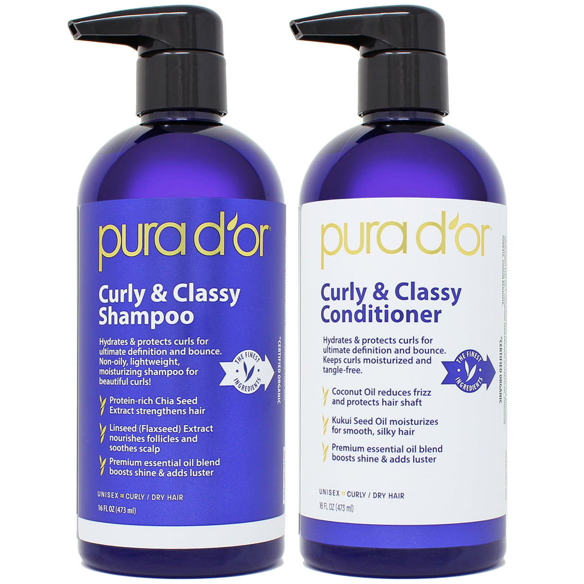 PURA D'OR front packaging showing shampoo and conditioner, easy identification and benefits