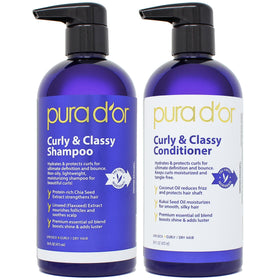 PURA D'OR front packaging showing shampoo and conditioner, easy identification and benefits