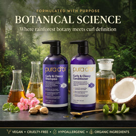 PURA D'OR shampoo and conditioner in shower, gentle lathering and rinsing shown