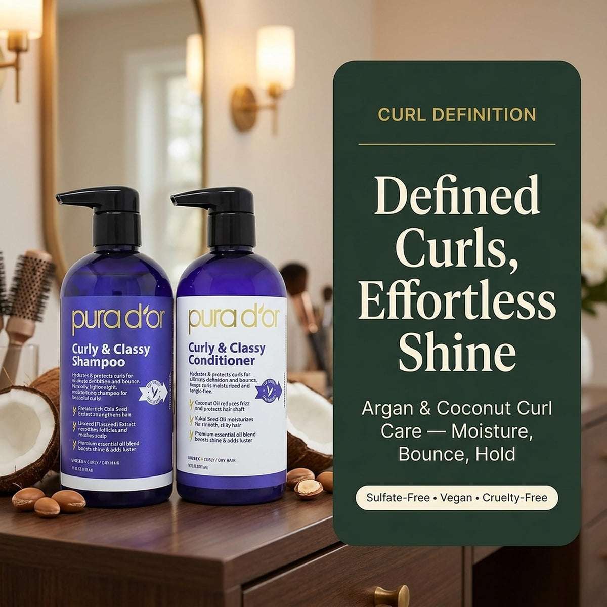 PURA D'OR lifestyle shot with defined curls, demonstrates curl definition and shine