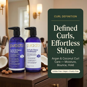 PURA D'OR lifestyle shot with defined curls, demonstrates curl definition and shine