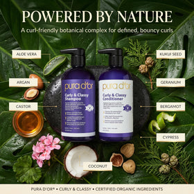 PURA D'OR oil blend ingredients on table, highlights nourishing botanical benefits