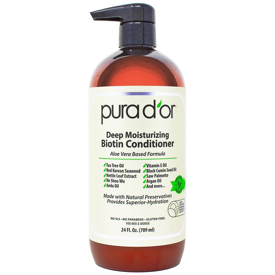 PURA D'OR front label showing 24oz bottle and key benefits