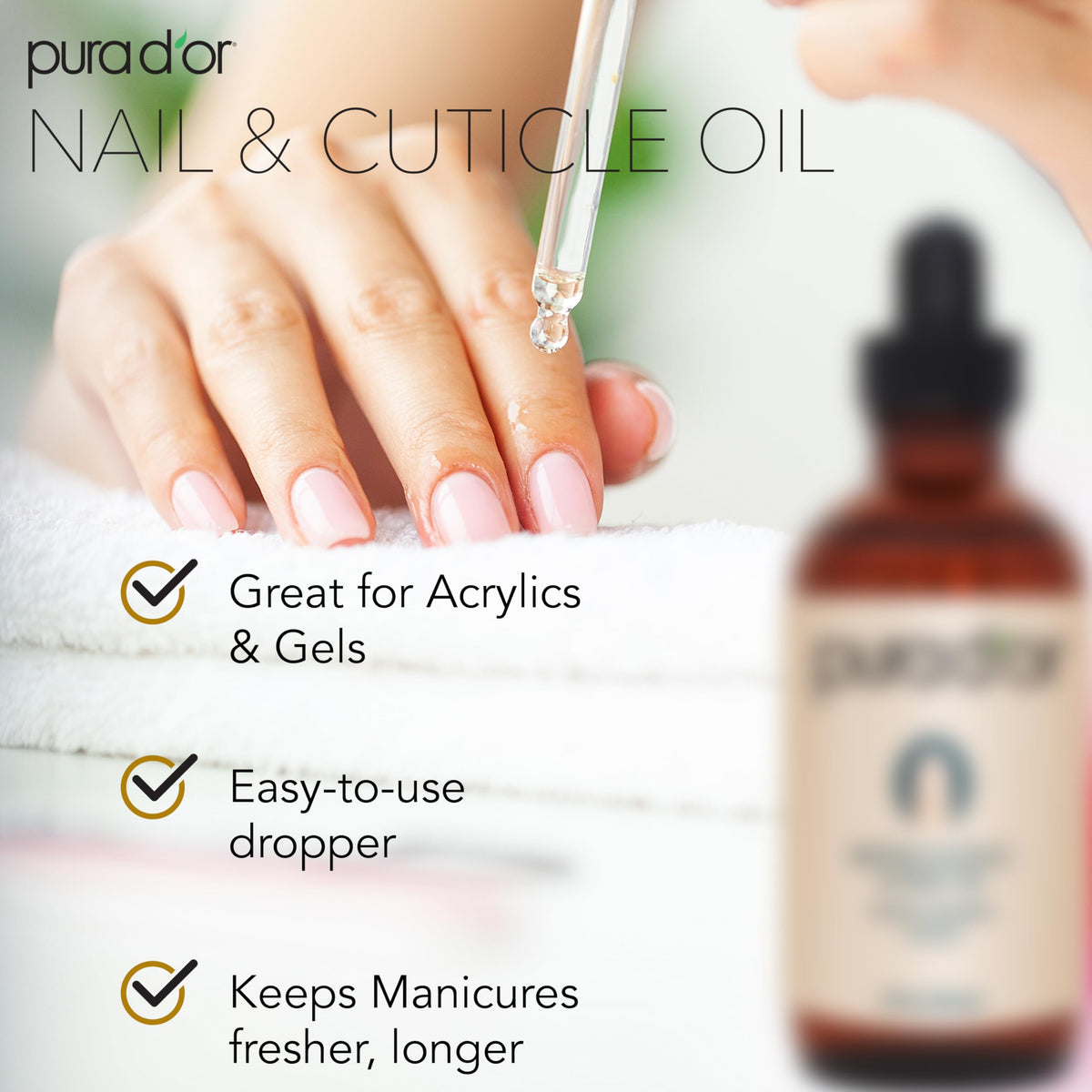 PURA D'OR dropper dispensing oil highlighting silky texture and absorption