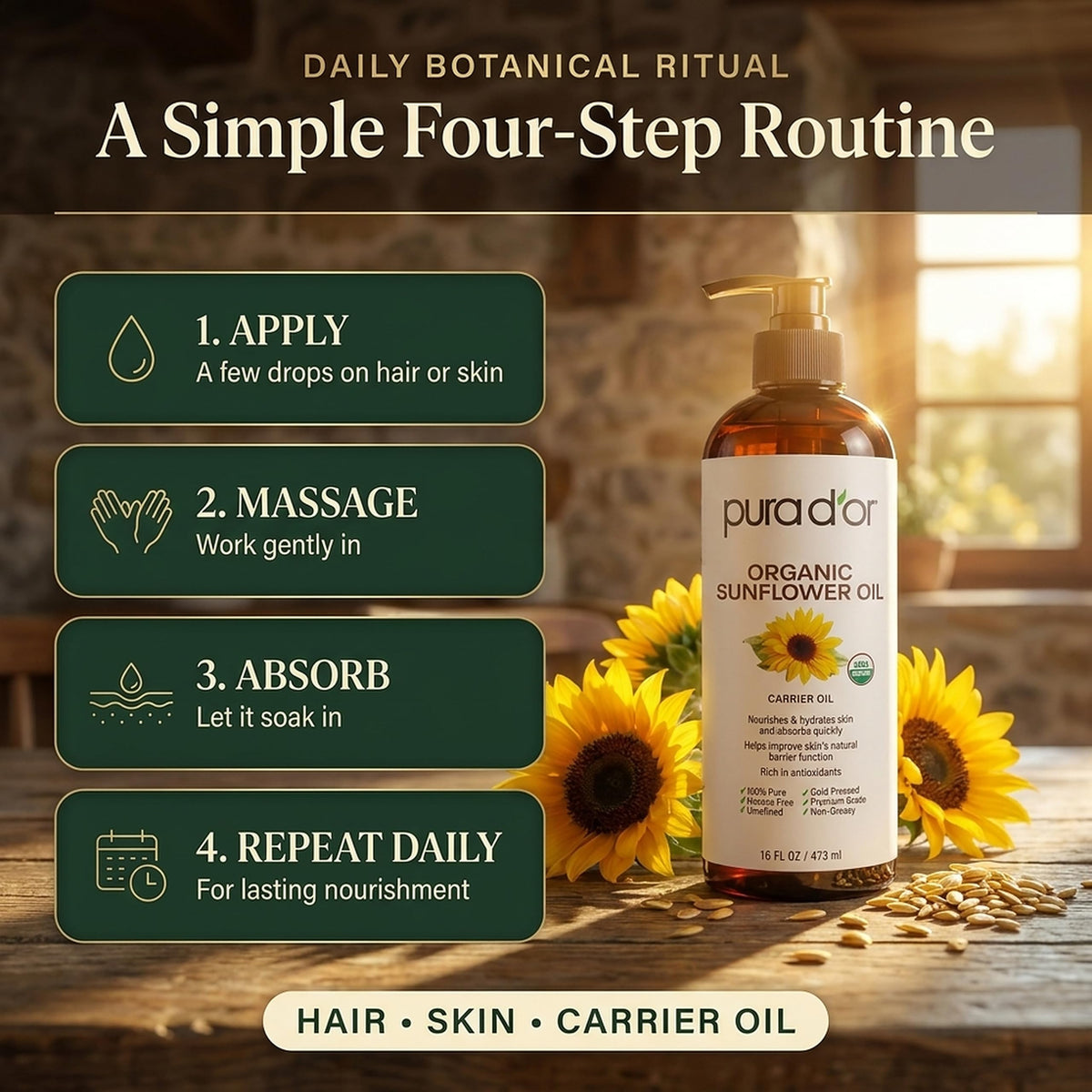 PURA D'OR facial massage with oil showing smooth absorption and nourishment benefit