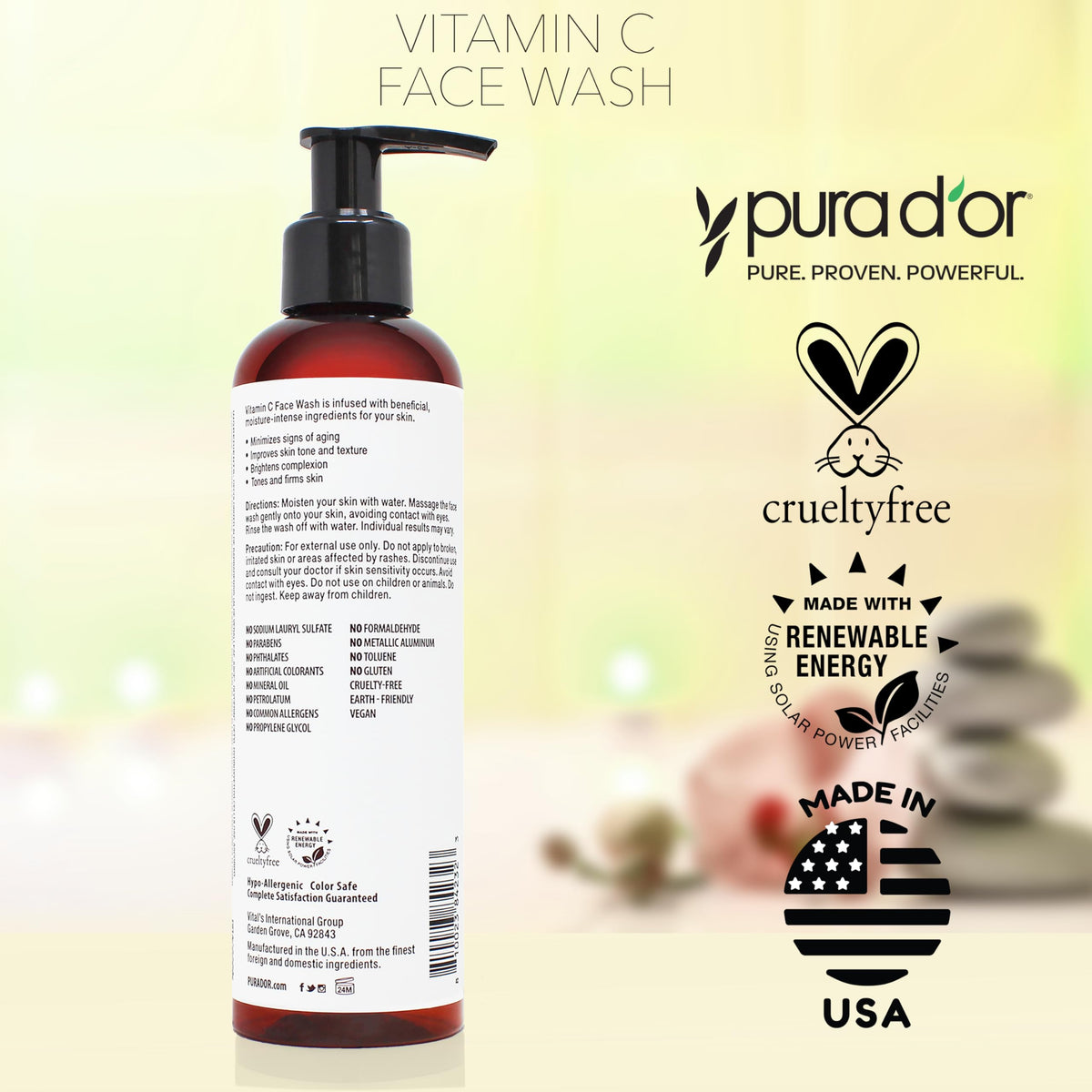 PURA D'OR face wash on bathroom counter in routine setting showing refreshed skincare benefit