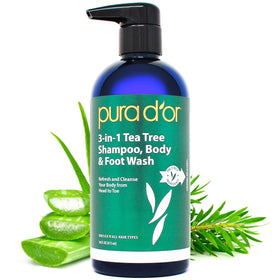 PURA D'OR front bottle 16 oz showing product and benefits