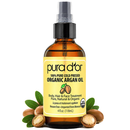 PURA D'OR front bottle showing label and organic argan oil benefits