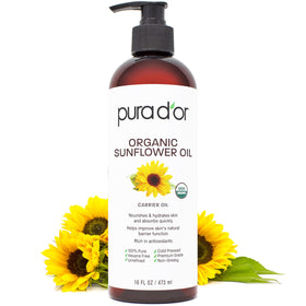 PURA D'OR front bottle showing organic sunflower oil label and clean packaging benefit