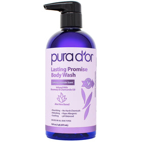 PURA D'OR front bottle showing calming lavender and benefits