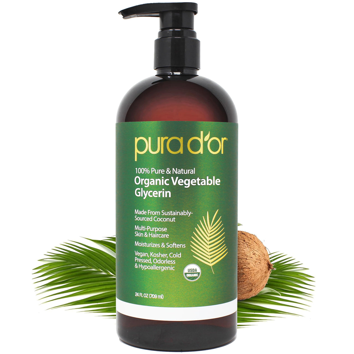 PURA D'OR front bottle view showing label and clear organic glycerin for clean formulations