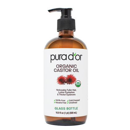 PURA D'OR glass bottle front view showing organic label and size benefit