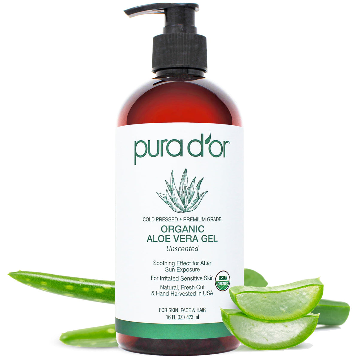 PURA D'OR front jar showing organic aloe gel and clean packaging benefit