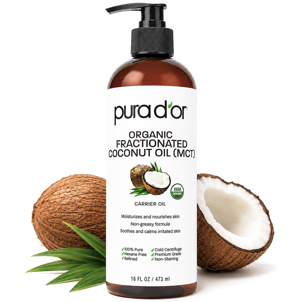 PURA D'OR front label of 16 oz bottle showing organic MCT advantage