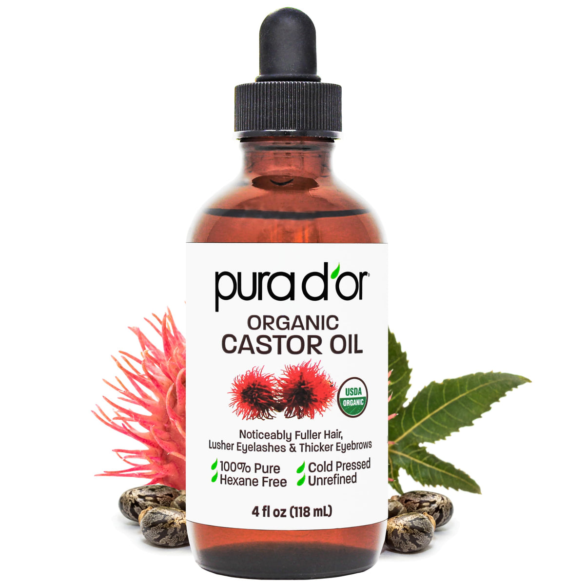 PURA D'OR front label of 4 oz bottle showing organic certification and clarity benefit