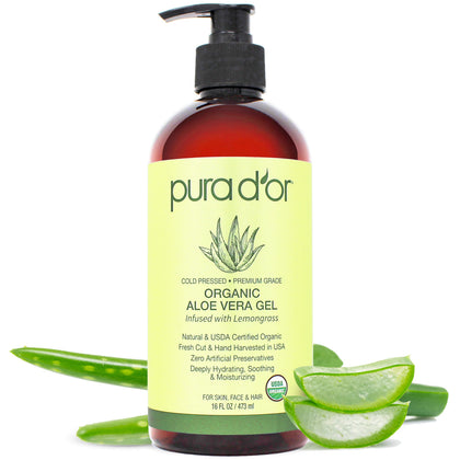 PURA D'OR front packaging showing 16 oz bottle and lemongrass benefit