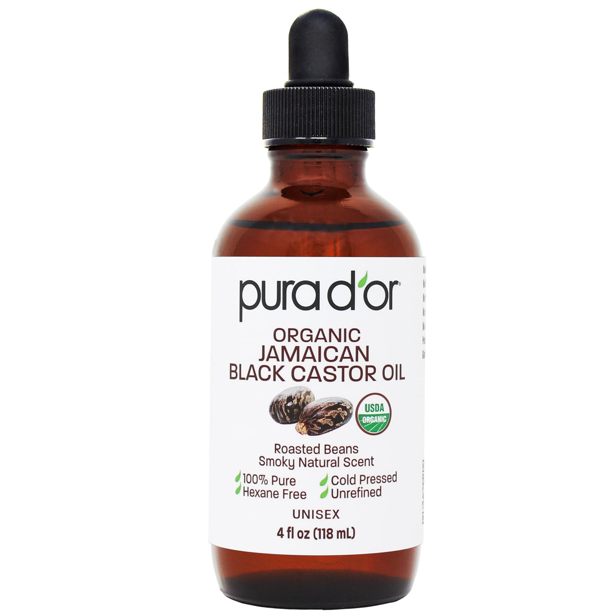 PURA D'OR front bottle view showing label and size and clear benefits