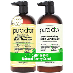 PURA D'OR front packaging gold label set showing both bottles for instant recognition and clarity