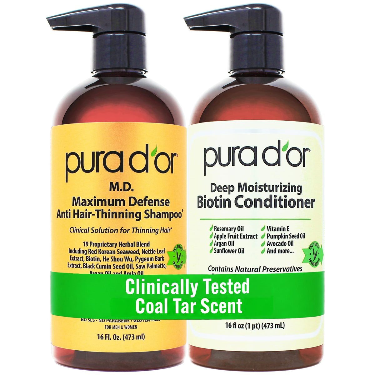 PURA D'OR front packaging showing both 16oz bottles and product benefits