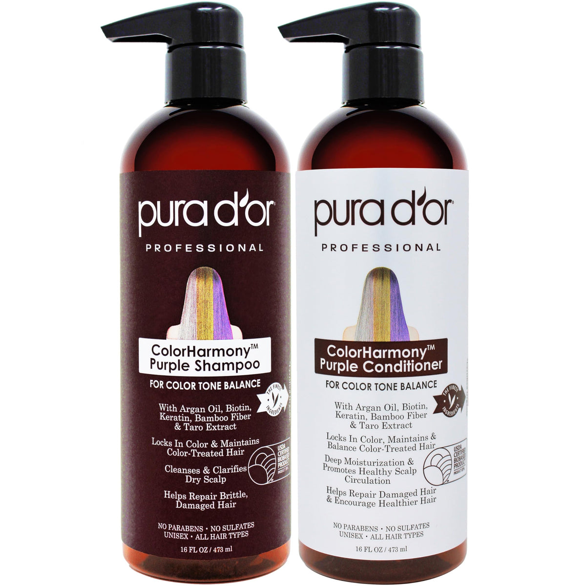PURA D'OR front packaging showing the purple shampoo and conditioner, preserving color