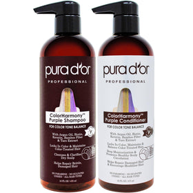 PURA D'OR front packaging showing the purple shampoo and conditioner, preserving color