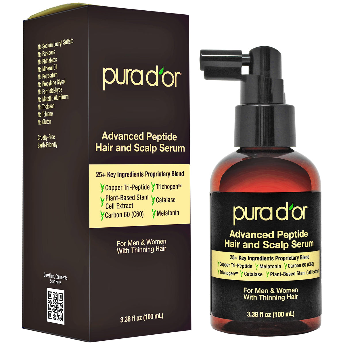 PURA D'OR front packaging showing serum bottle and benefit of fuller hair