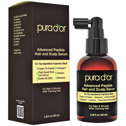PURA D'OR front packaging showing serum bottle and benefit of fuller hair