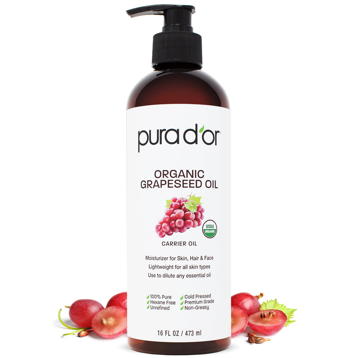 PURA D'OR front bottle showing organic label and clean packaging benefit