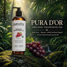 PURA D'OR pouring grapeseed oil texture demonstrating lightweight absorption