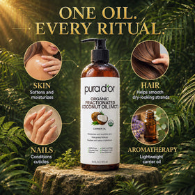 PURA D'OR being applied to hair ends to improve shine and reduce frizz