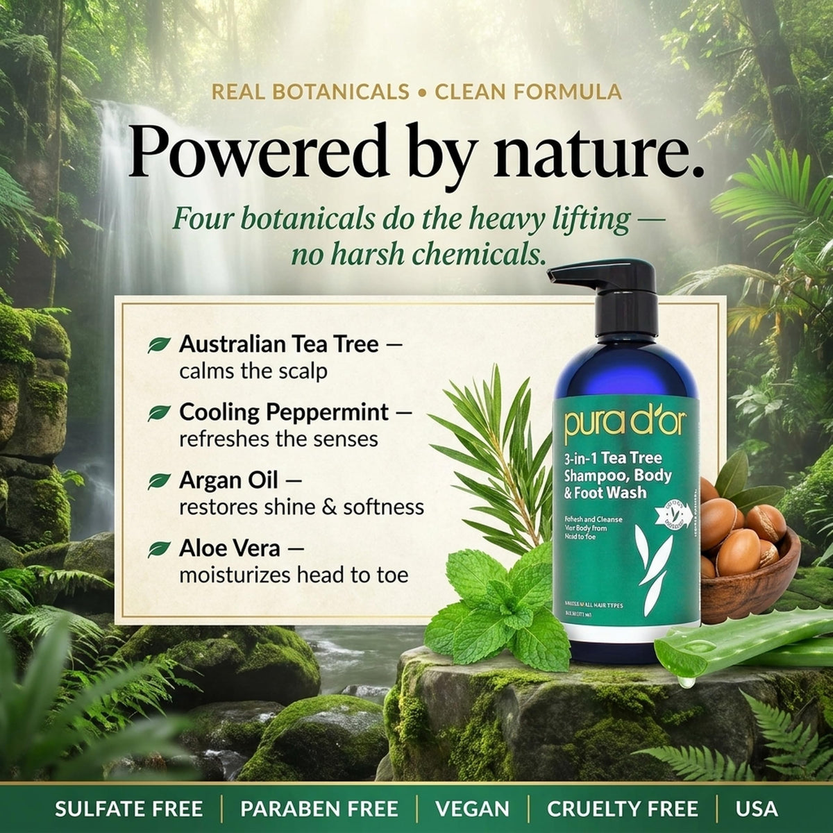 PURA D'OR shampoo in shower rinsing hair for refreshed scalp