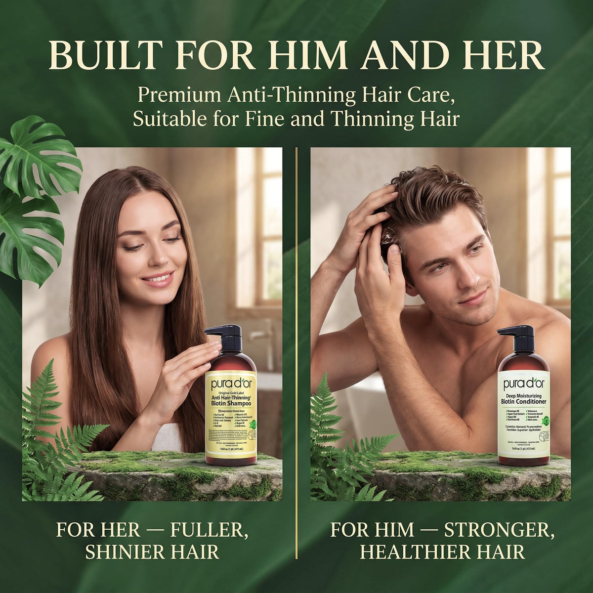 PURA D'OR bottles on bathroom shelf suggesting salon-inspired routine