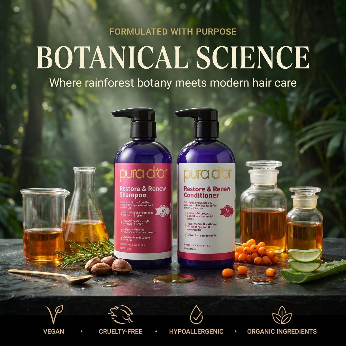 PURA D'OR bottles staged on bathroom shelf showing everyday use