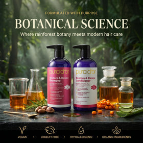 PURA D'OR bottles staged on bathroom shelf showing everyday use