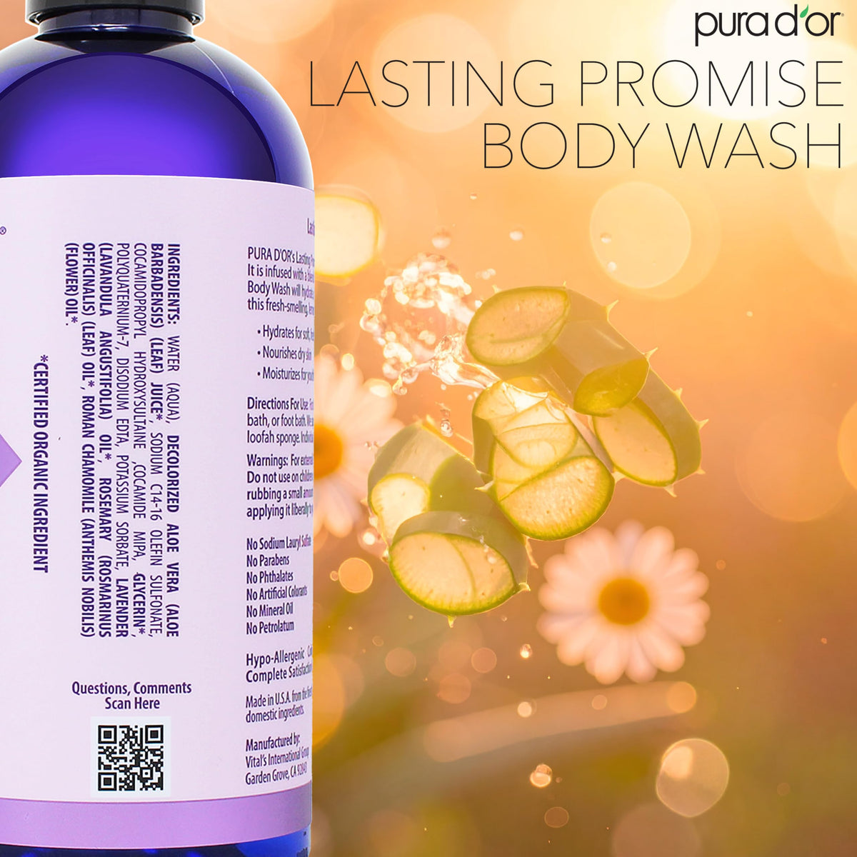 PURA D'OR being used in shower illustrating gentle lathering