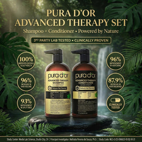 PURA D'OR botanical ingredients flatlay emphasizing natural active support