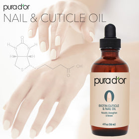PURA D'OR bottle staged with biotin and oils to show natural ingredients