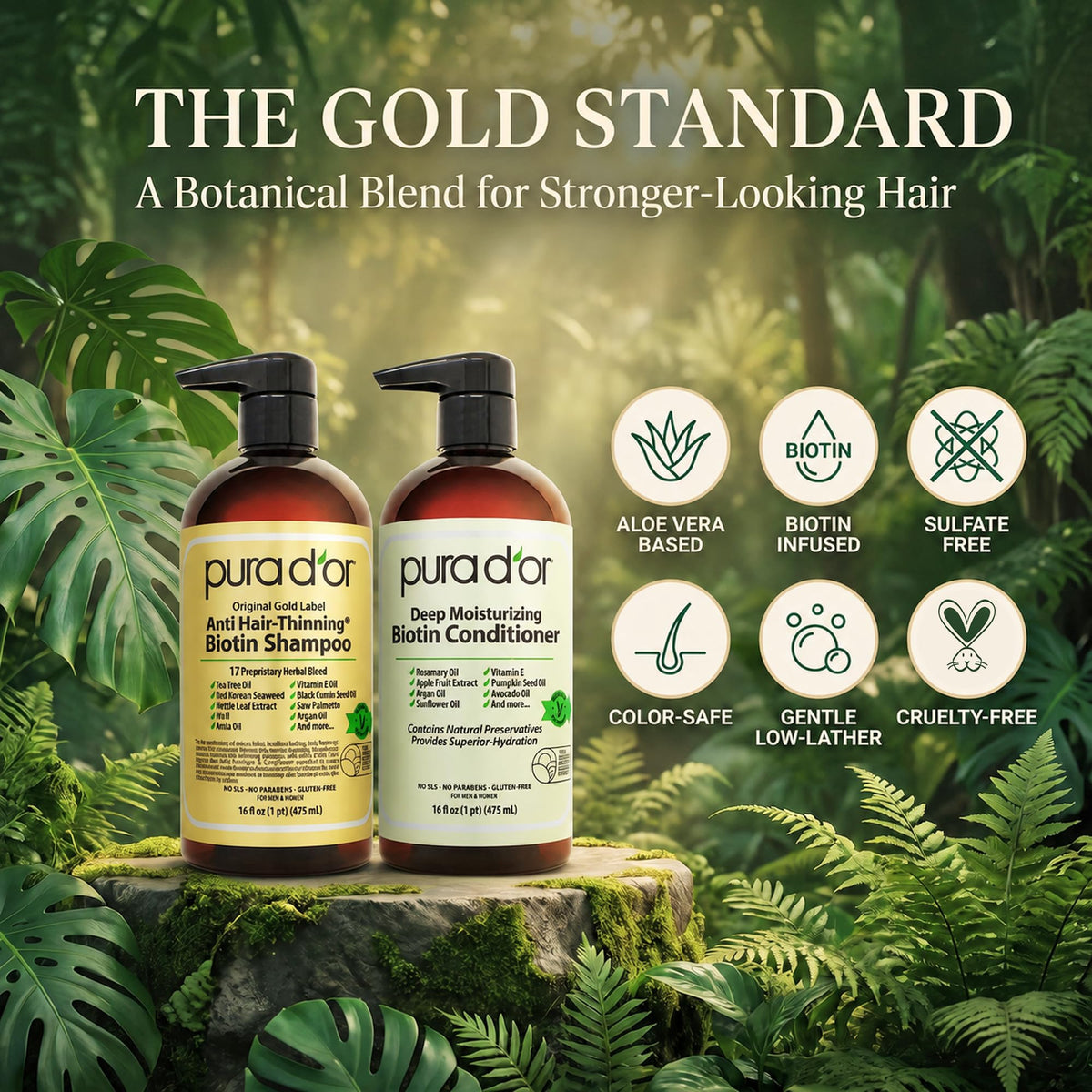 PURA D'OR botanical ingredients flatlay highlighting natural actives