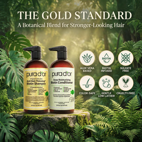 PURA D'OR botanical ingredients flatlay highlighting natural actives